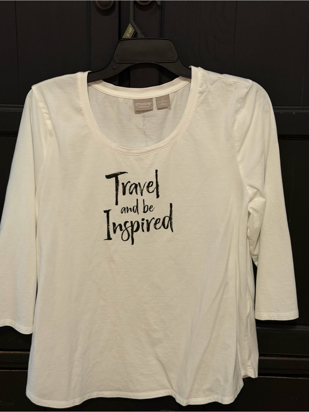 Chico's White Long-Sleeve Scoop Neck Top with 'Travel and be Inspired' Script